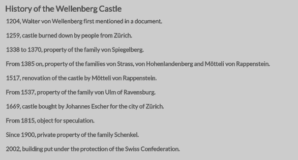 1204, Walter von Wellenberg first mentioned in a document.  1259, castle burned down by people from Zürich.   1338 to 1370, property of the family von Spiegelberg.   From 1385 on, property of the families von Strass, von Hohenlandenberg and Mötteli von Rappenstein.  1517, renovation of the castle by Mötteli von Rappenstein.   From 1537, property of the family von Ulm of Ravensburg.   1669, castle bought by Johannes Escher for the city of Zürich.   From 1815, object for speculation.   Since 1900, private property of the family Schenkel.   2002, building put under the protection of the Swiss Confederation.  History of the Wellenberg Castle